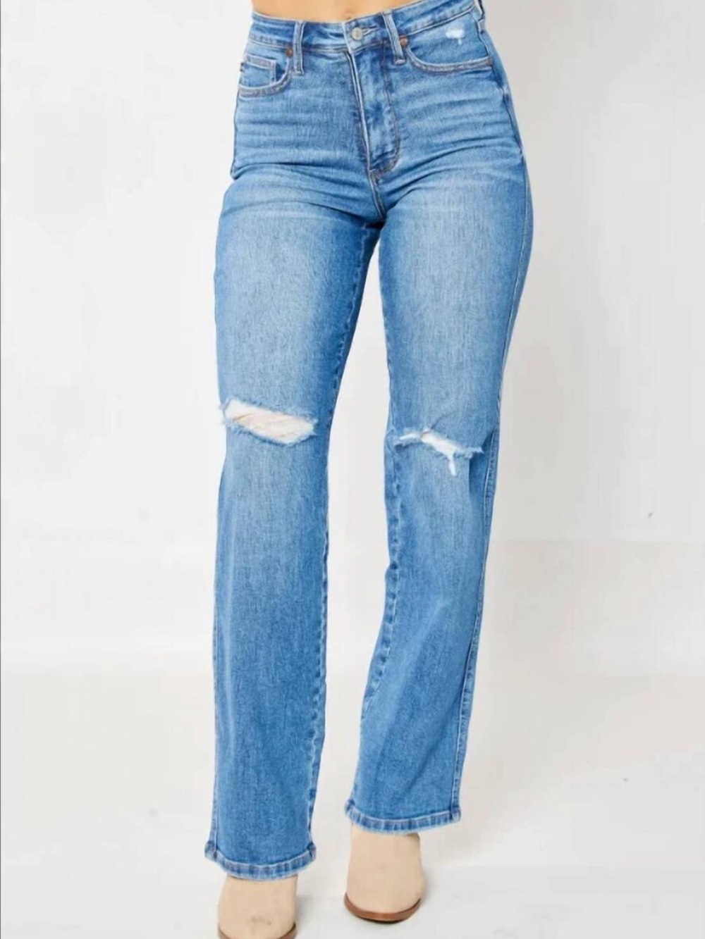Judy Blue Light Blue High-Rise Straight Leg Jeans with Knee Rips